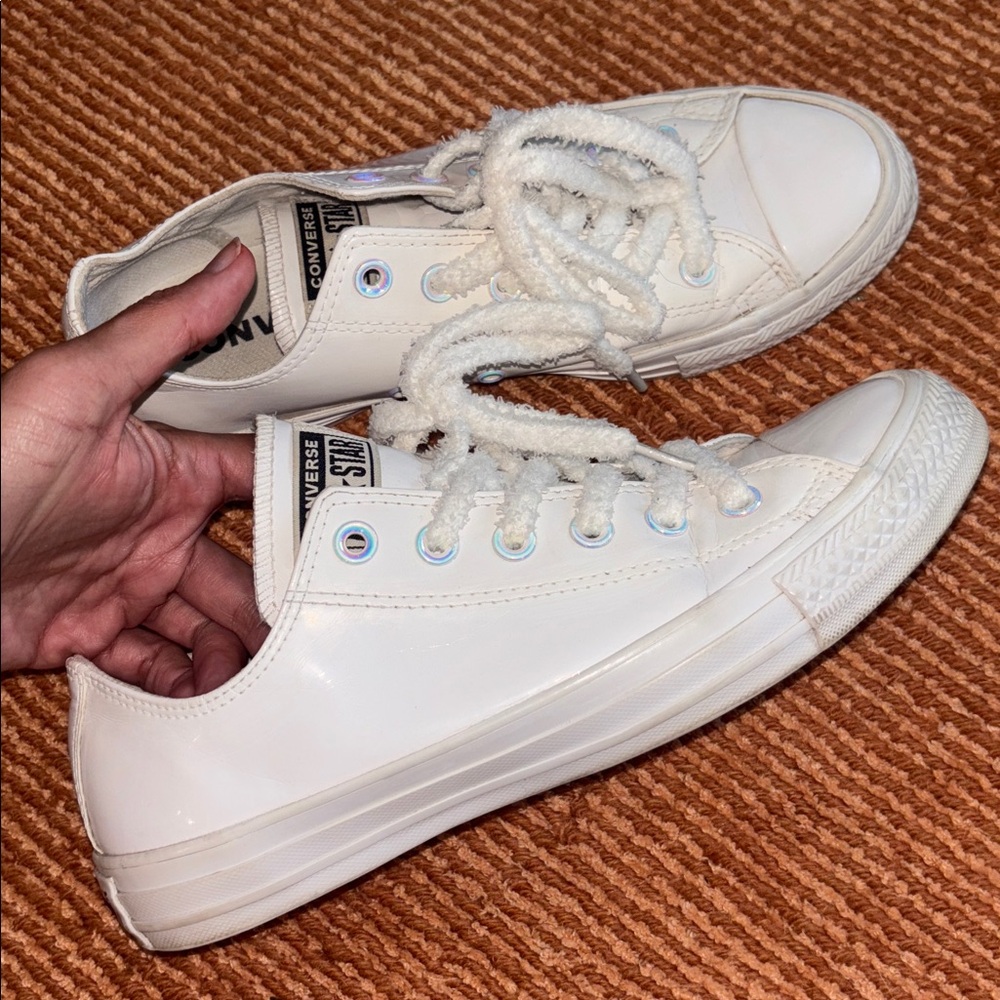 Converse White patent leather Sneaks size 8 iridescent hardware new fluffy laces - Picture 7 of 14